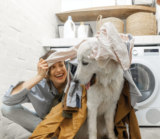 Woman With Dog Having Fun In The Laundry Room At Home